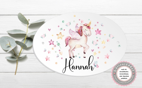 zauberhaftes ovales Türschild mit Einhorn und Wunschname, Kinderzimmer- zur Einschulung, Geburtstag, Taufe, Lüttentüddel®